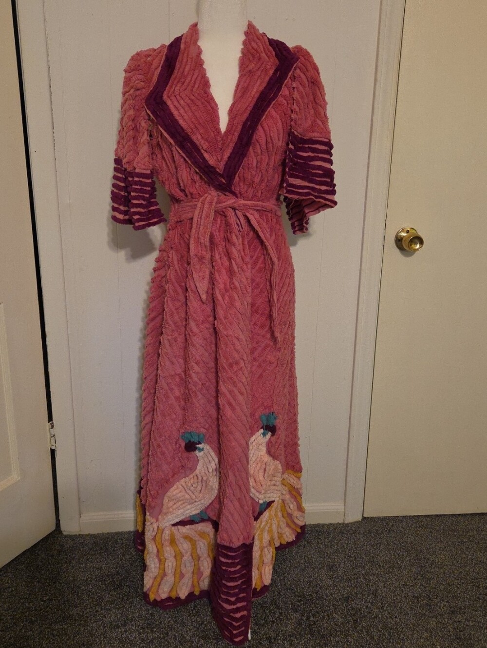 Chenille Plush Pink Long Robe with Embroidered Birds